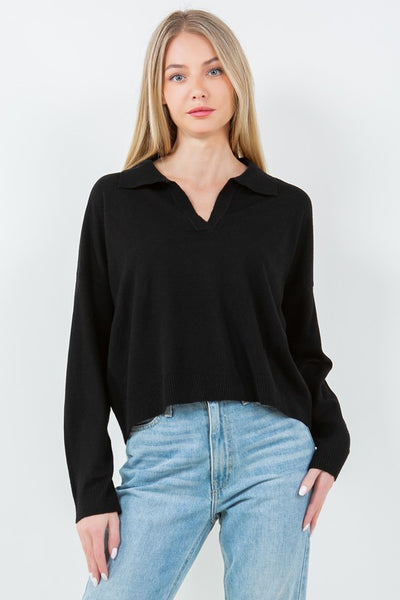 DARLA SOFTEST COLLAR LONG SLEEVE TOP IN BLACK-Sweaters-MODE-Couture-Boutique-Womens-Clothing