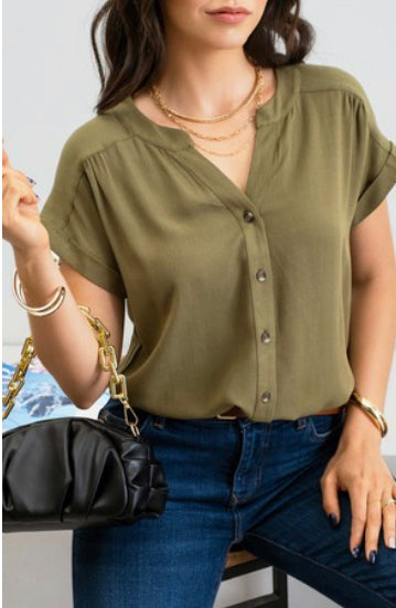 CICI SPLIT ROUND NECK BUTTON DOWN TOP IN OLIVE-Shirts & Tops-MODE-Couture-Boutique-Womens-Clothing