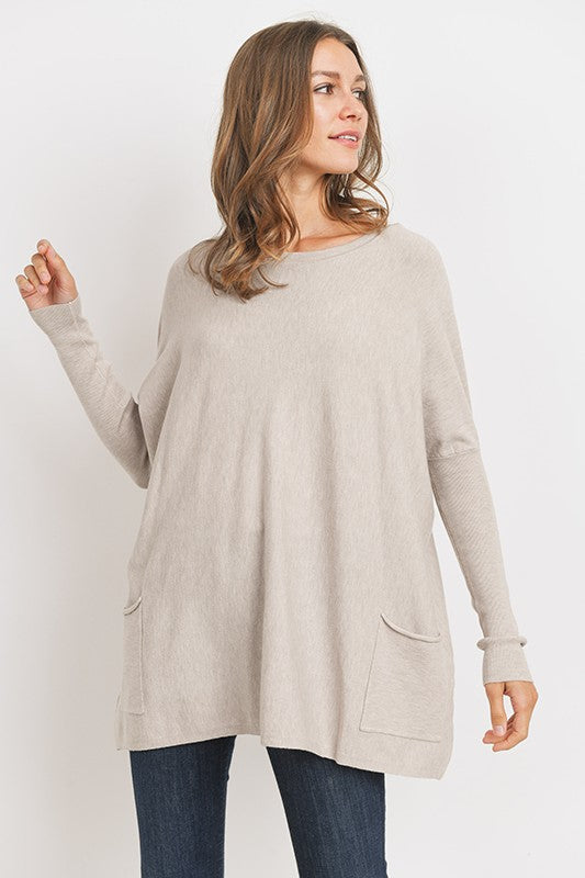 EASY BREEZY OVERSIZED FRONT POCKET SWEATER IN WARM GRAY-Sweaters-MODE-Couture-Boutique-Womens-Clothing