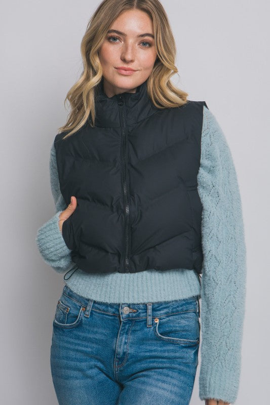 BREEZY MORNINGS CROP PUFFER VEST IN BLACK-Vest-MODE-Couture-Boutique-Womens-Clothing