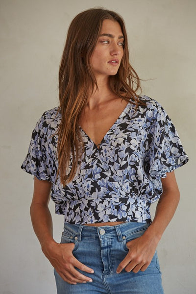 BETSY FLORAL RUCHED TOP IN BLUE-Tops-MODE-Couture-Boutique-Womens-Clothing