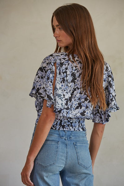 BETSY FLORAL RUCHED TOP IN BLUE-Tops-MODE-Couture-Boutique-Womens-Clothing
