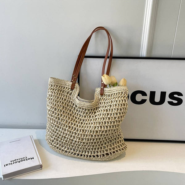 BEACH VACATION CASUAL SHOULDER WOVEN BAG_CWAB2310: KHAKI / (OS) 1-MODE-Couture-Boutique-Womens-Clothing