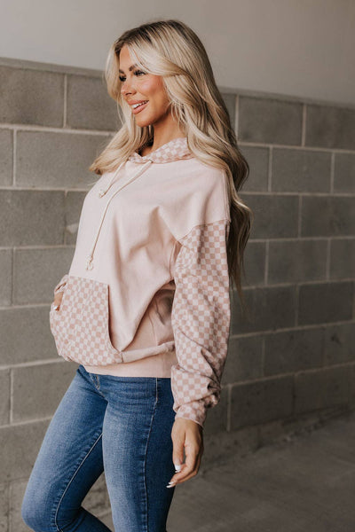 PERFORMANCE FLEECE CHECKERED UNIVERSITY HOODIE IN PINK-pullover sweatshirt-MODE-Couture-Boutique-Womens-Clothing