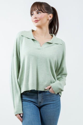 DARLA SOFTEST COLLAR LONG SLEEVE TOP IN HEATHER CELERY-Sweaters-MODE-Couture-Boutique-Womens-Clothing