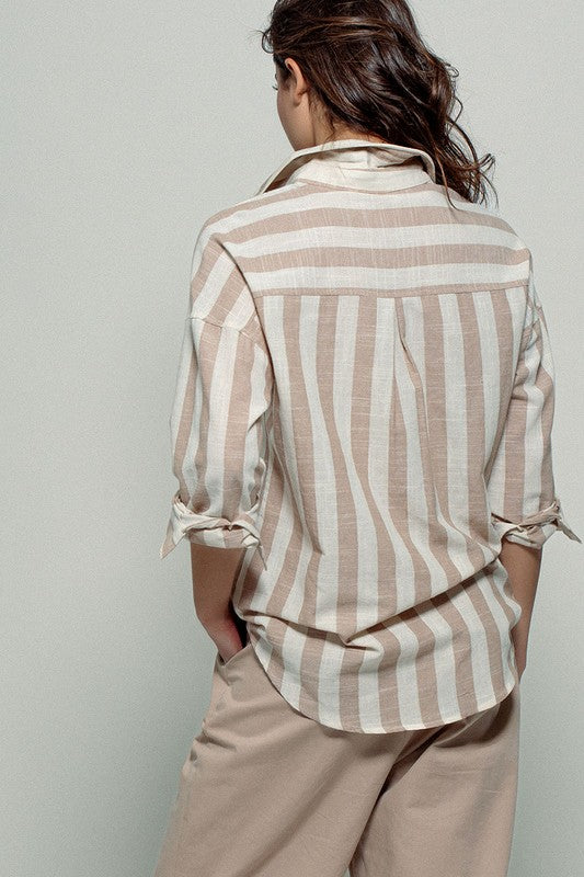 TIMELESS BUTTON DOWN VERTICAL & HORIZONTAL SHIRT IN TAUPE-Shirts & Tops-MODE-Couture-Boutique-Womens-Clothing