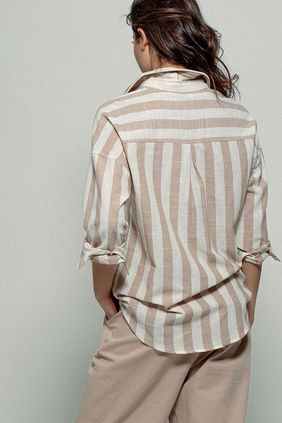 TIMELESS BUTTON DOWN VERTICAL & HORIZONTAL SHIRT IN TAUPE-Shirts & Tops-MODE-Couture-Boutique-Womens-Clothing