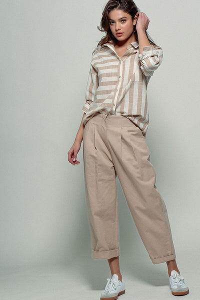 TIMELESS BUTTON DOWN VERTICAL & HORIZONTAL SHIRT IN TAUPE-Shirts & Tops-MODE-Couture-Boutique-Womens-Clothing