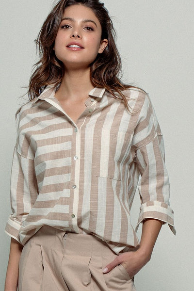 TIMELESS BUTTON DOWN VERTICAL & HORIZONTAL SHIRT IN TAUPE-Shirts & Tops-MODE-Couture-Boutique-Womens-Clothing