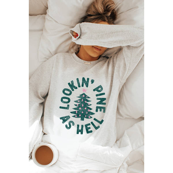 LOOKIN PINE AS HELL VINTAGE GRAPHIC SWEATSHIRTS: WHITE / L-MODE-Couture-Boutique-Womens-Clothing