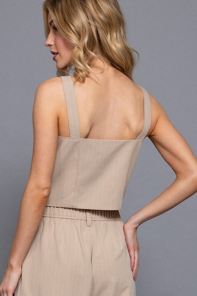 SECRET SOCIETY PINSTRIPE VEST IN SAND-Vest-MODE-Couture-Boutique-Womens-Clothing