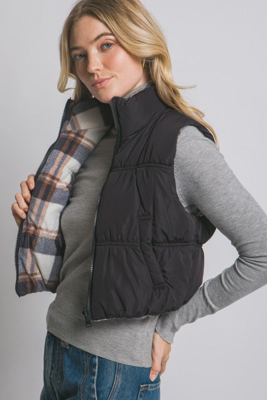 HIT THE HILLS SOLID REVERSIBLE PUFFER VEST IN BLACK-Vest-MODE-Couture-Boutique-Womens-Clothing