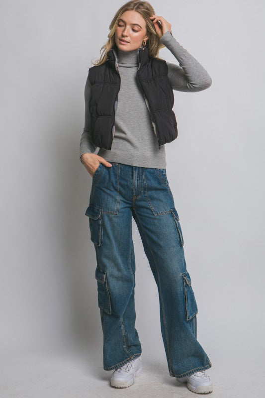 HIT THE HILLS SOLID REVERSIBLE PUFFER VEST IN BLACK-Vest-MODE-Couture-Boutique-Womens-Clothing