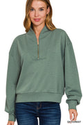 GIVE ME COZY SCUBA HALF ZIP PULLOVER IN DARK FOREST-Sweaters-MODE-Couture-Boutique-Womens-Clothing
