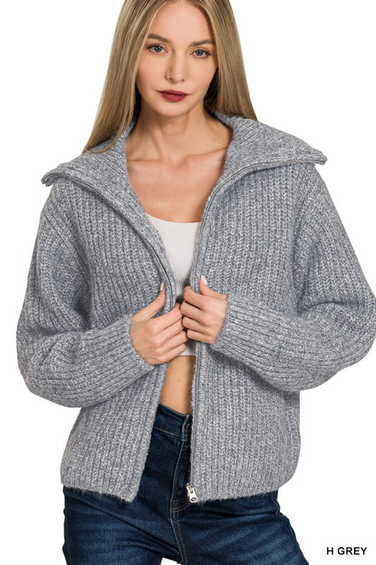 ELLIANNA HIGH NECK FULL ZIP SWEATER IN HEATHER GRAY