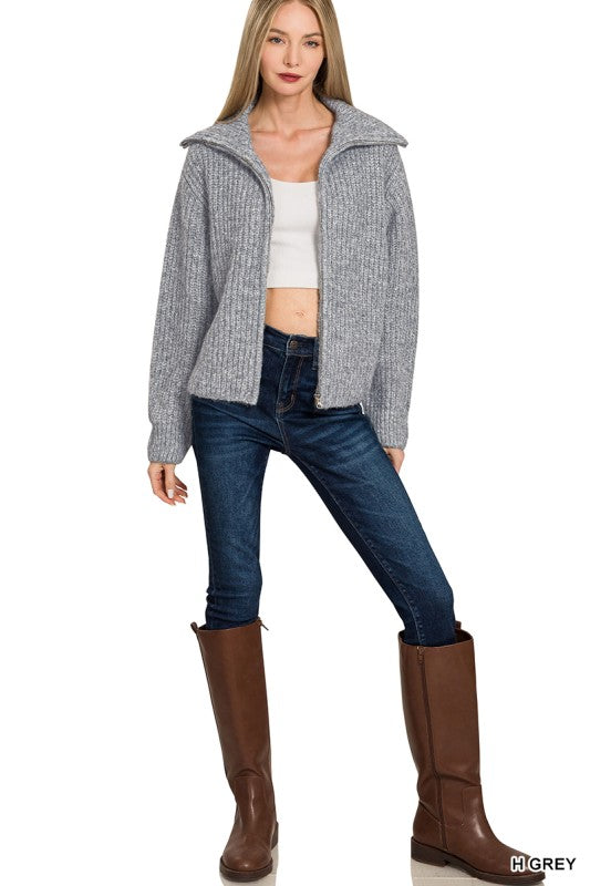 ELLIANNA HIGH NECK FULL ZIP SWEATER IN HEATHER GRAY