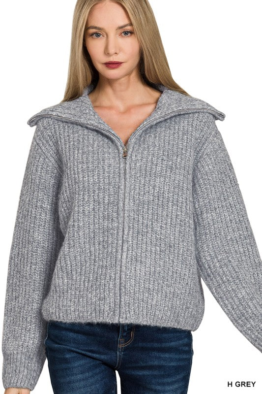 ELLIANNA HIGH NECK FULL ZIP SWEATER IN HEATHER GRAY-Sweaters-MODE-Couture-Boutique-Womens-Clothing