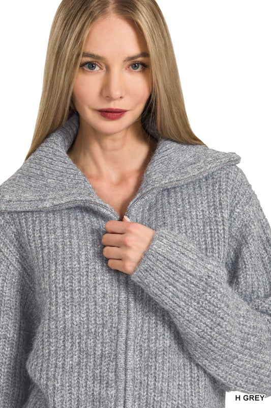 ELLIANNA HIGH NECK FULL ZIP SWEATER IN HEATHER GRAY