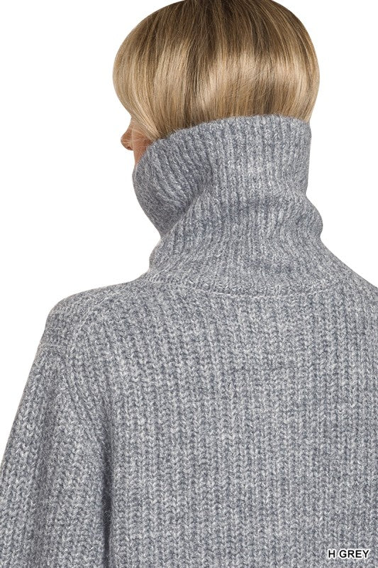 ELLIANNA HIGH NECK FULL ZIP SWEATER IN HEATHER GRAY