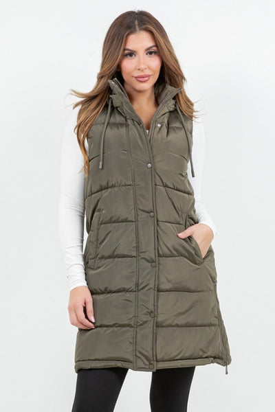 APRES SKI LONG PUFFER VEST IN OLIVE-Jacket-MODE-Couture-Boutique-Womens-Clothing
