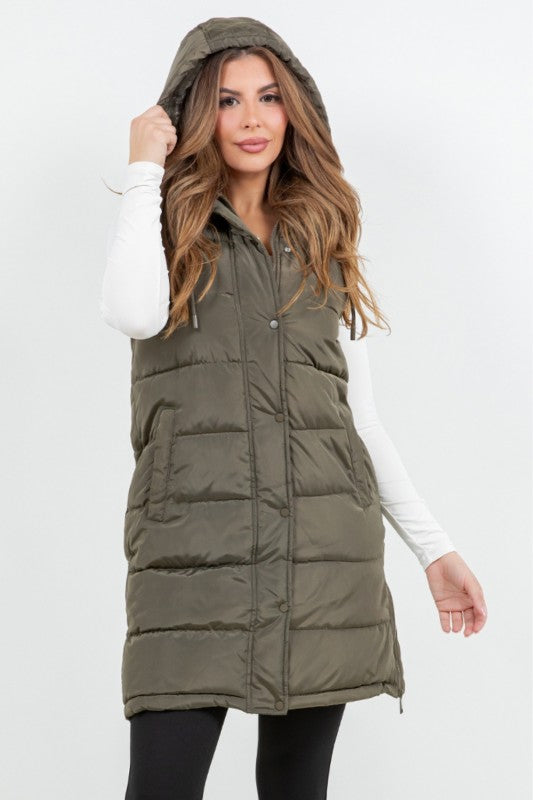 APRES SKI LONG PUFFER VEST IN OLIVE-Jacket-MODE-Couture-Boutique-Womens-Clothing