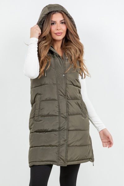 APRES SKI LONG PUFFER VEST IN OLIVE-Jacket-MODE-Couture-Boutique-Womens-Clothing