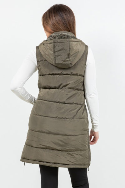 APRES SKI LONG PUFFER VEST IN OLIVE-Jacket-MODE-Couture-Boutique-Womens-Clothing