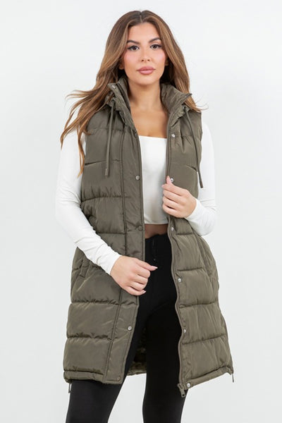 APRES SKI LONG PUFFER VEST IN OLIVE-Jacket-MODE-Couture-Boutique-Womens-Clothing