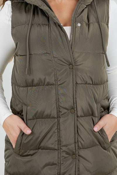 APRES SKI LONG PUFFER VEST IN OLIVE-Jacket-MODE-Couture-Boutique-Womens-Clothing