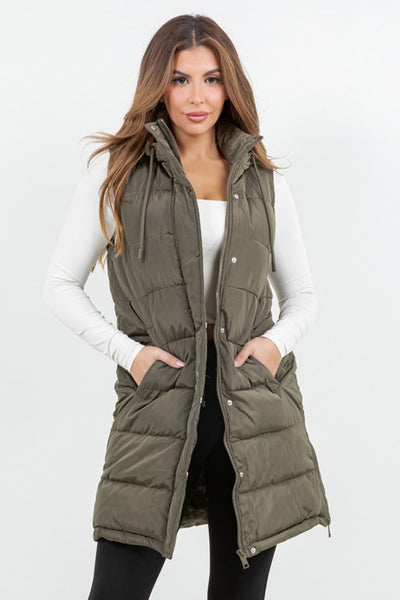APRES SKI LONG PUFFER VEST IN OLIVE-Jacket-MODE-Couture-Boutique-Womens-Clothing
