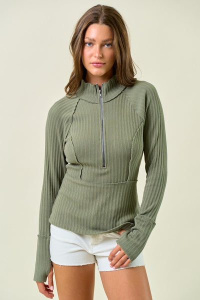 EVERGREEN ZIP-UP ESSENTIAL TOP IN SAGE-Tops-MODE-Couture-Boutique-Womens-Clothing