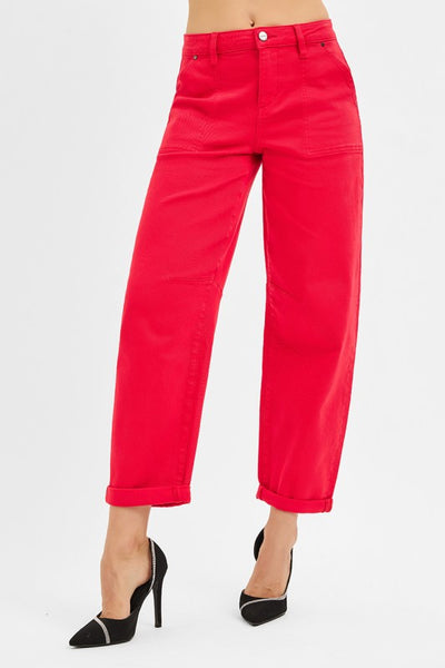 FIRESTARTER BARREL LEG JEANS IN SCARLET RED-Jeans-MODE-Couture-Boutique-Womens-Clothing
