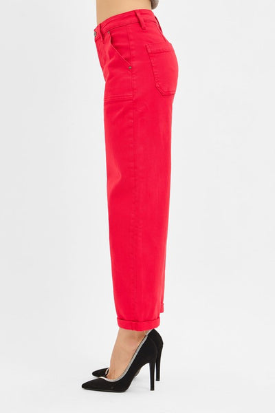 FIRESTARTER BARREL LEG JEANS IN SCARLET RED-Jeans-MODE-Couture-Boutique-Womens-Clothing