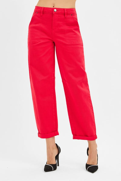 FIRESTARTER BARREL LEG JEANS IN SCARLET RED-Jeans-MODE-Couture-Boutique-Womens-Clothing