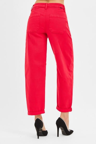 FIRESTARTER BARREL LEG JEANS IN SCARLET RED-Jeans-MODE-Couture-Boutique-Womens-Clothing