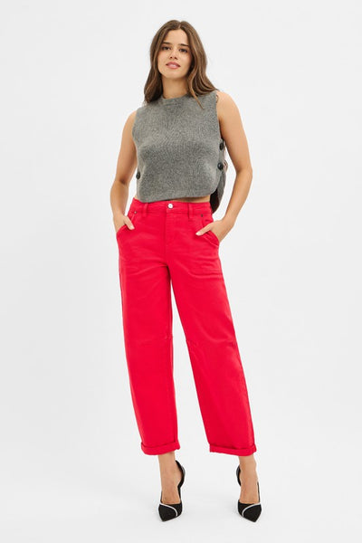 FIRESTARTER BARREL LEG JEANS IN SCARLET RED-Jeans-MODE-Couture-Boutique-Womens-Clothing