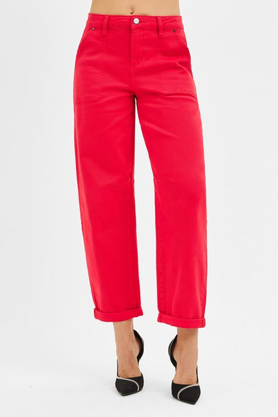 FIRESTARTER BARREL LEG JEANS IN SCARLET RED-Jeans-MODE-Couture-Boutique-Womens-Clothing