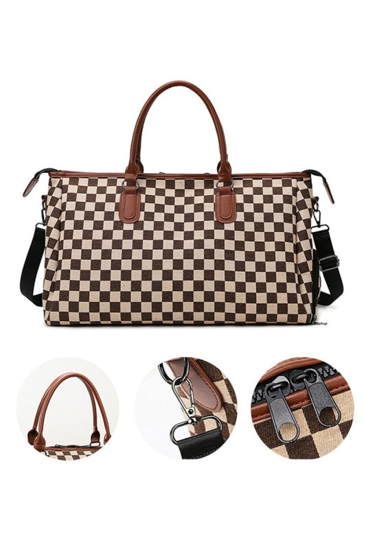 THE TARMAC TOTE CHECKERED CANVAS WEEKENDER DUFFLE BAG IN CAMEL-BAG-MODE-Couture-Boutique-Womens-Clothing