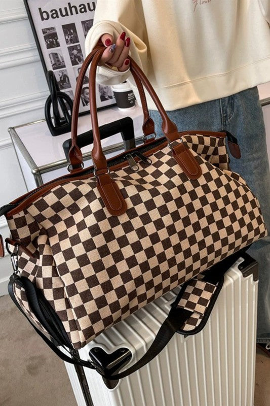 THE TARMAC TOTE CHECKERED CANVAS WEEKENDER DUFFLE BAG IN CAMEL-BAG-MODE-Couture-Boutique-Womens-Clothing