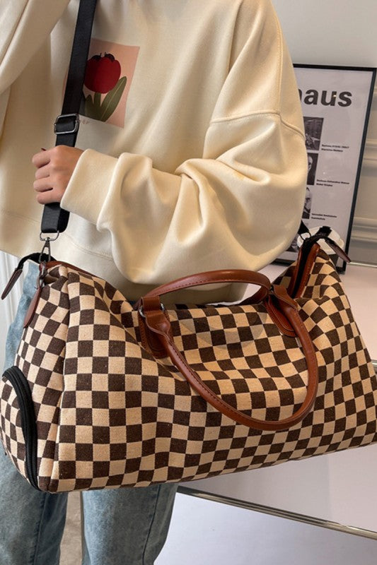 THE TARMAC TOTE CHECKERED CANVAS WEEKENDER DUFFLE BAG IN CAMEL-BAG-MODE-Couture-Boutique-Womens-Clothing