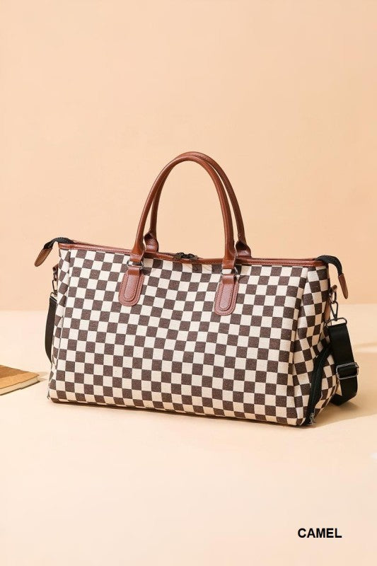 THE TARMAC TOTE CHECKERED CANVAS WEEKENDER DUFFLE BAG IN CAMEL-BAG-MODE-Couture-Boutique-Womens-Clothing