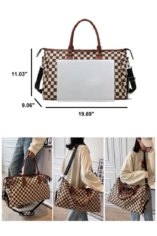 THE TARMAC TOTE CHECKERED CANVAS WEEKENDER DUFFLE BAG IN CAMEL-BAG-MODE-Couture-Boutique-Womens-Clothing