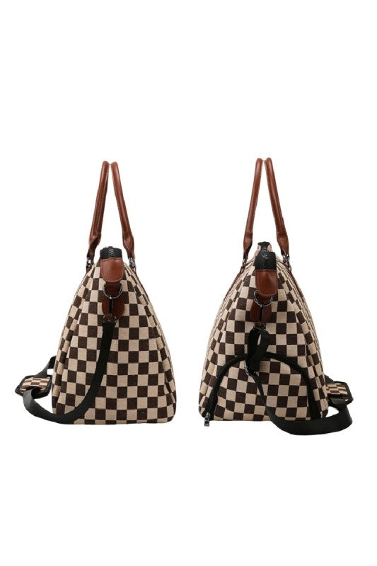 THE TARMAC TOTE CHECKERED CANVAS WEEKENDER DUFFLE BAG IN CAMEL-BAG-MODE-Couture-Boutique-Womens-Clothing