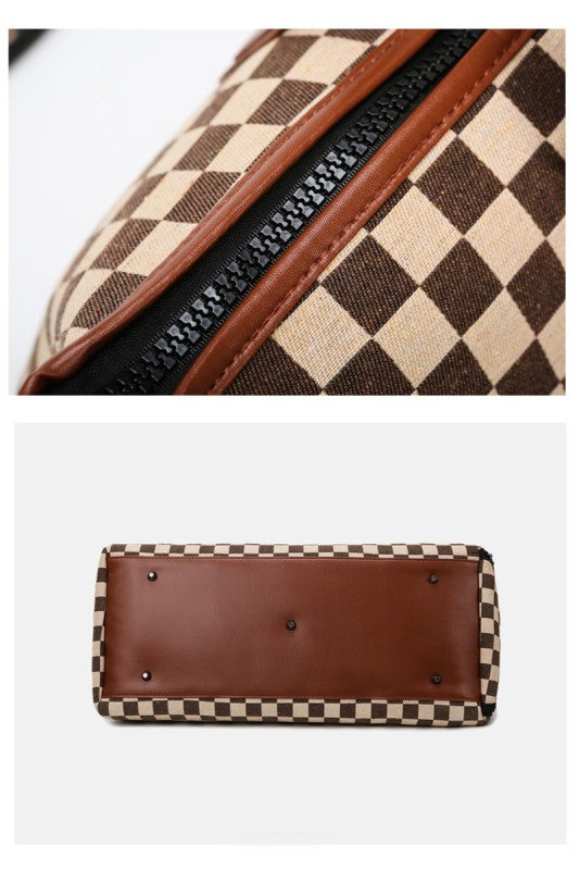 THE TARMAC TOTE CHECKERED CANVAS WEEKENDER DUFFLE BAG IN CAMEL-BAG-MODE-Couture-Boutique-Womens-Clothing