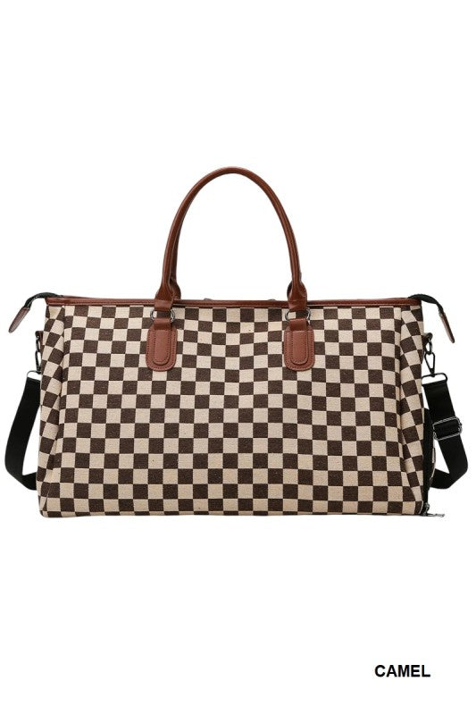 THE TARMAC TOTE CHECKERED CANVAS WEEKENDER DUFFLE BAG IN CAMEL-BAG-MODE-Couture-Boutique-Womens-Clothing