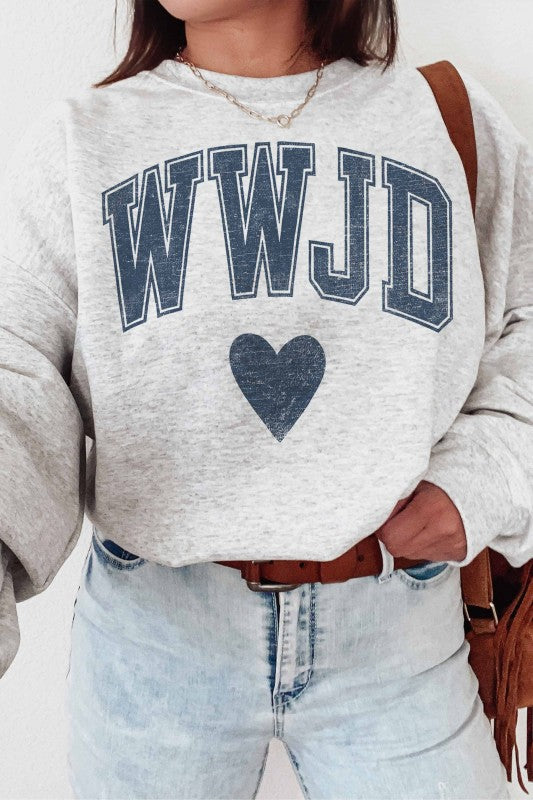 WWJD GRAPHIC SWEATSHIRT IN ASH-Graphic Sweatshirt-MODE-Couture-Boutique-Womens-Clothing