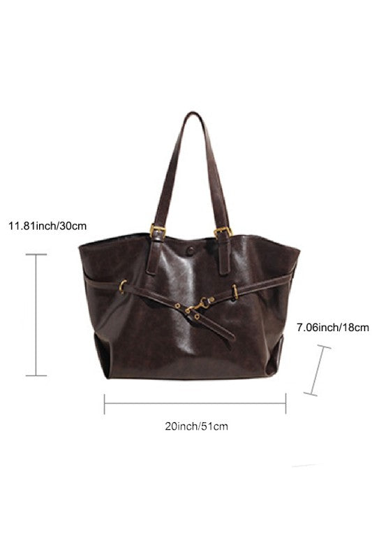 VIVICA VINTAGE DISTRESSED BUCKLED TOTE BAG IN CHOCOLATE BROWN-BAG-MODE-Couture-Boutique-Womens-Clothing