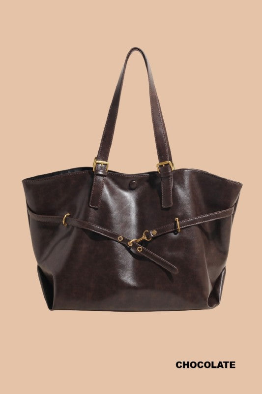 VIVICA VINTAGE DISTRESSED BUCKLED TOTE BAG IN CHOCOLATE BROWN-BAG-MODE-Couture-Boutique-Womens-Clothing