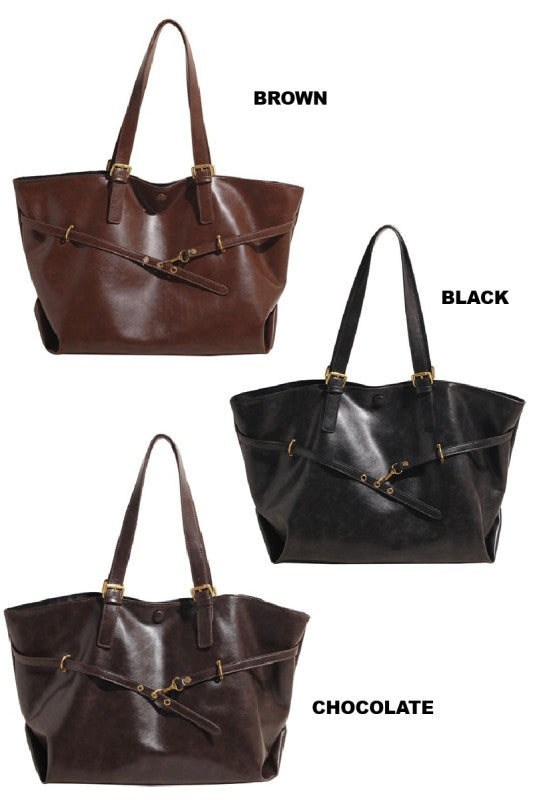 VIVICA VINTAGE DISTRESSED BUCKLED TOTE BAG IN CHOCOLATE BROWN-BAG-MODE-Couture-Boutique-Womens-Clothing