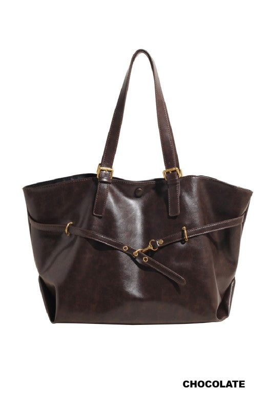 VIVICA VINTAGE DISTRESSED BUCKLED TOTE BAG IN CHOCOLATE BROWN-BAG-MODE-Couture-Boutique-Womens-Clothing
